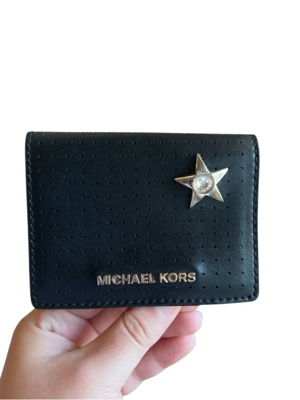 Michael Kors Jet Set Black Perforated Leather Star Stud Bifold Wallet - GUC - Picture 1 of 4